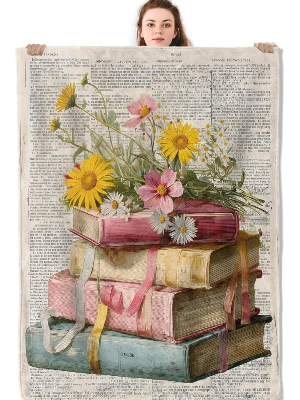 Vintage Book Flower Blanket, Botanical Reading Flannel Throw Blankets, 50"x60",